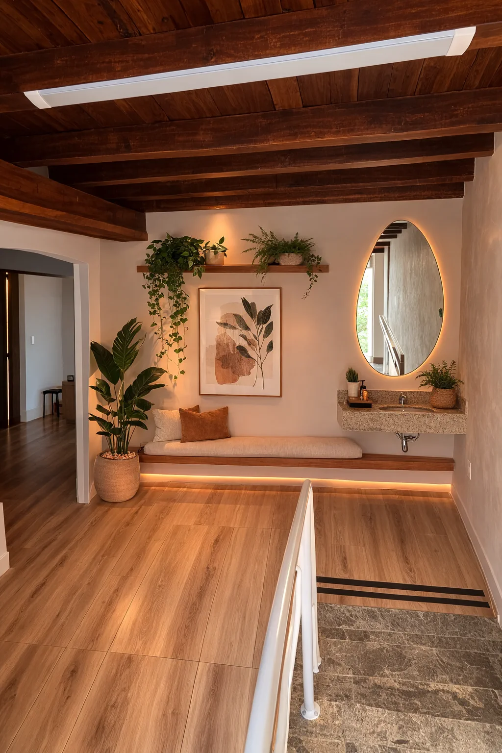 Hall com espelho oval e plantas